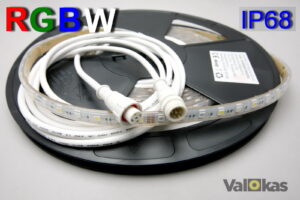 RGBW vesitiivis LED-nauha 5m. 24V. 4000K + RGB (valkoinen ja värit). CRI>90. 14,4W/m. Silikoniin valettu, kestävä rakenne. IP68.