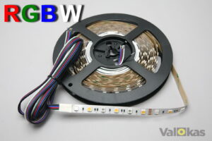 RGBW LED-nauha. Valkoista ja värivaloa (RGB+W) tuottava. 24V. Valkoinen 4000K + RGB (värit). Hyvä värintoisto CRI>94. 14,4W/m. IP20. FW300RGBT5050C24